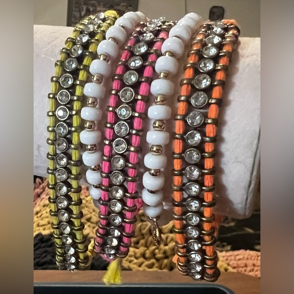 J. Crew Jewelry - J. Crew Lot Of 5 Bracelets Neon Pink Yellow Orange Rhinestones & White Beads